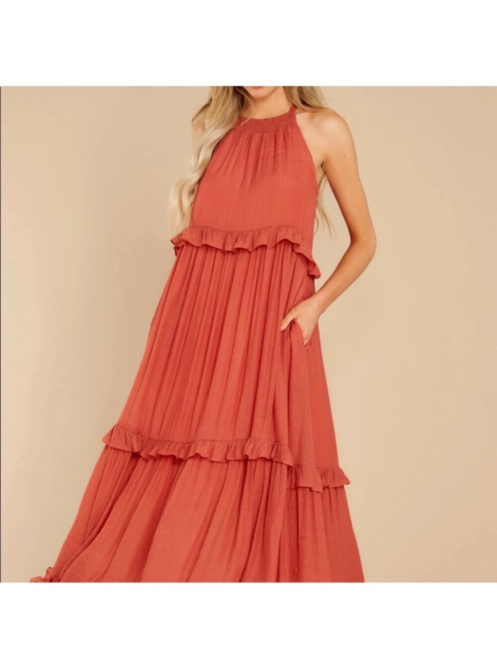 Listicle Rose Textured Woven Halter Neck Ruffle Pocket Maxi Long Dress size S